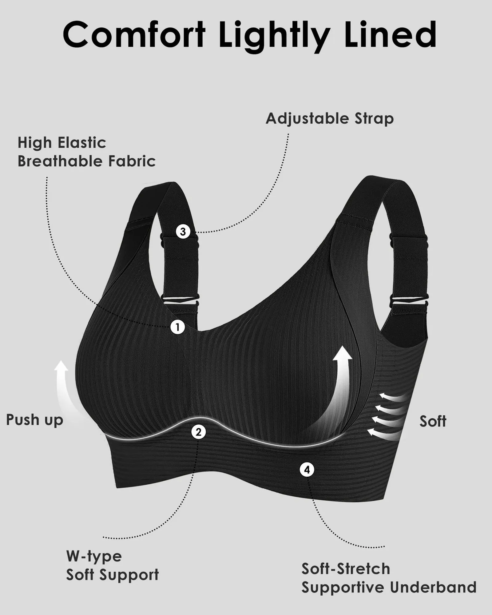 Buy 1 Get 3 PacksWomen's Ribbed Push Up Adjustable Wireless Bra