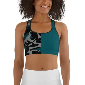 Gray, Teal and Black Camouflage Sports bra