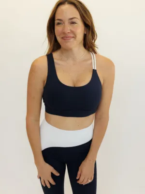 Navy Blue and White "Ariel" Nautical Strap Sports Bra
