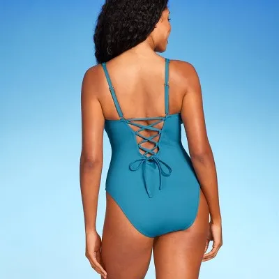 New - Shade & Shore Women's Shaping Plunge One Piece Swimsuit High Leg, Teal Blue M
