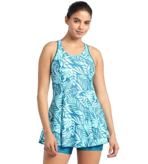 Women's Endurance Racerback Printed Swimdress With Boyleg - Peacock & Marine Blue